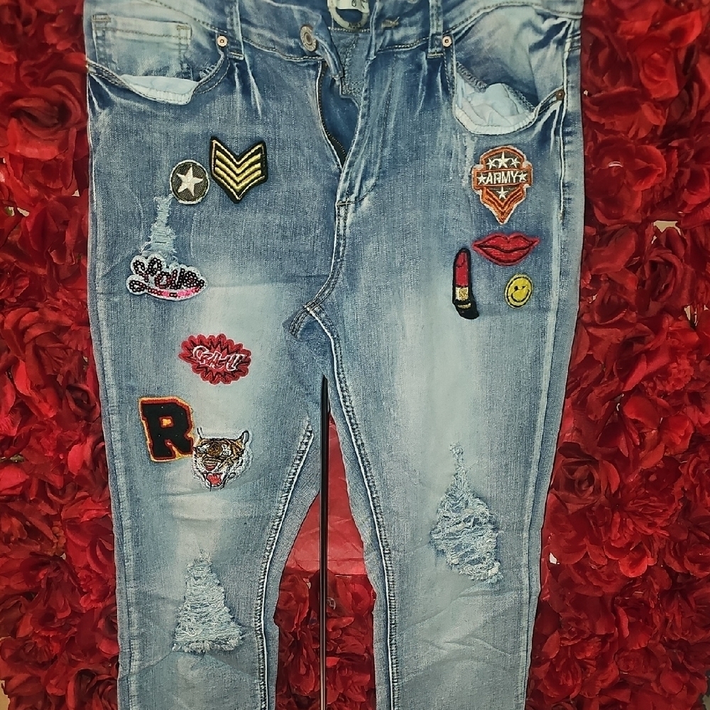 Indigo Rein Women's Blue Jeans with Colorful Patches Size 13